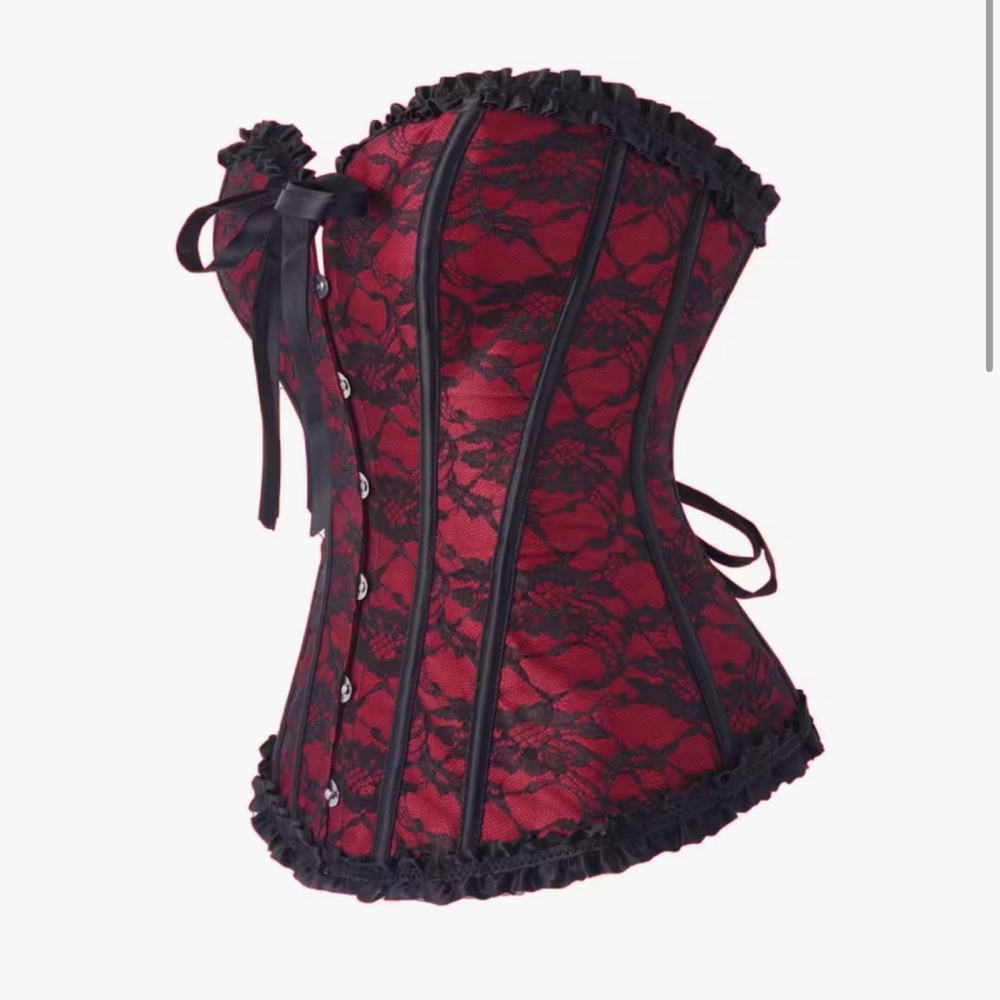 Red Lace Overbust Corset with Black Trim Fits 18-22